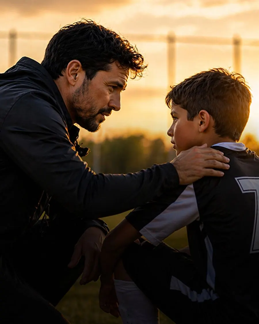 Un entrenador, arrodillado en la cancha al atardecer, habla con un jugador y le apoya la mano en el hombro.