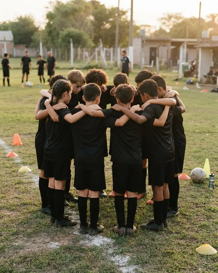 Un grupo diverso de jóvenes deportistas, de espaldas, reunidos en círculo en una cancha de barrio al atardecer.