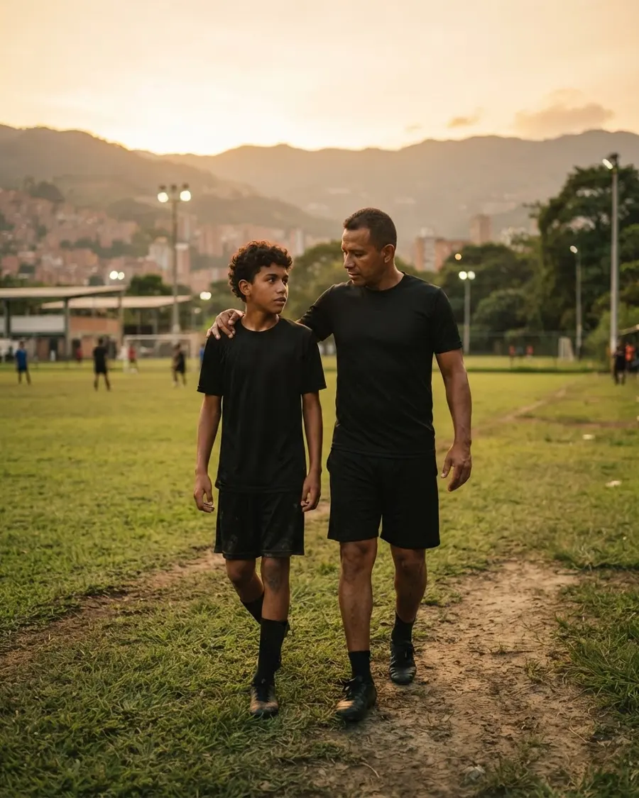 Un entrenador camina junto a un jugador con la mano en su hombro, saliendo de la cancha al atardecer.