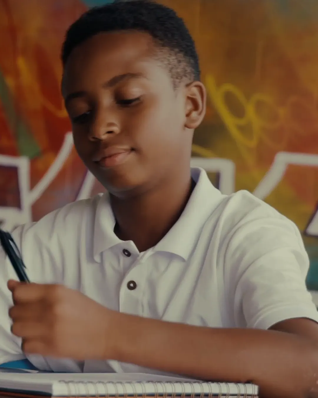 Un joven escribe con concentración en su cuaderno frente a un mural colorido.