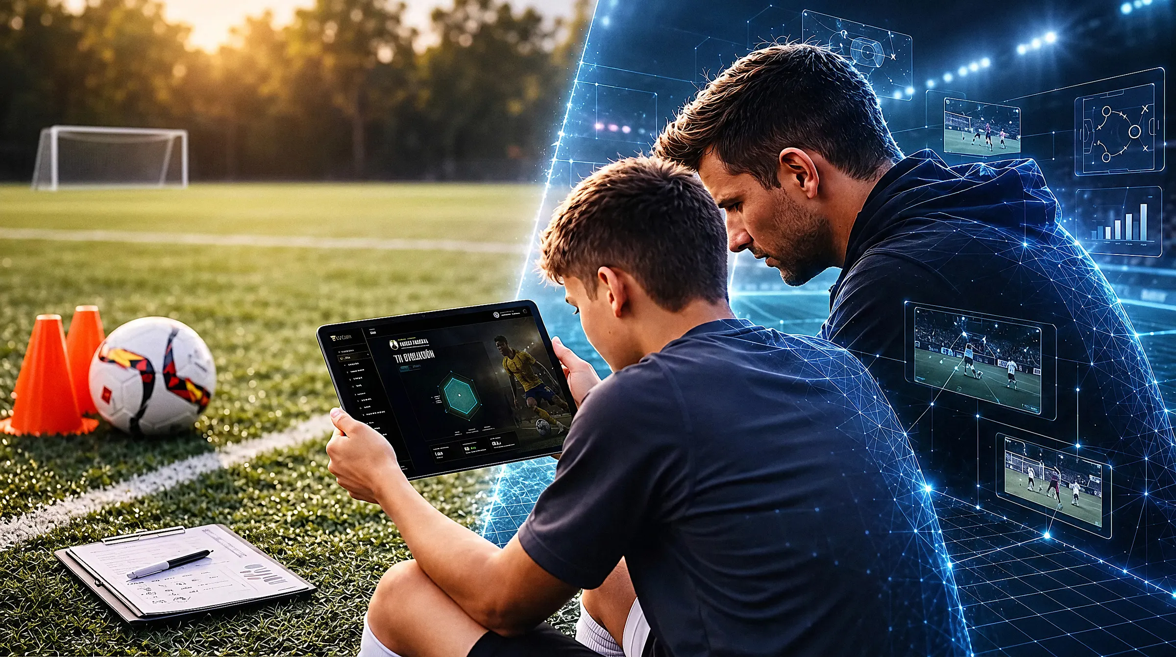 Dos jóvenes jugadores y un entrenador miran una tableta en una cancha, con una red tecnológica superpuesta.