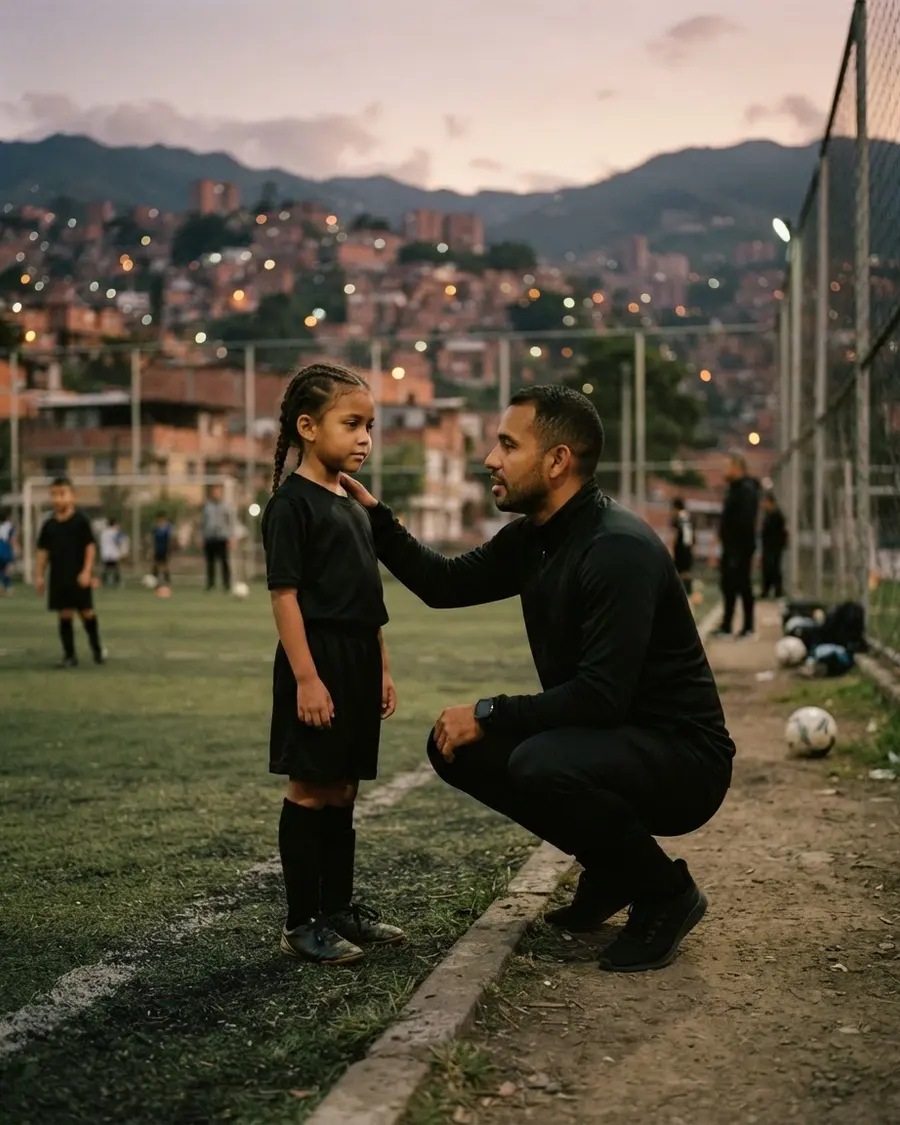 Un entrenador se agacha para hablar a la altura de una jugadora, con calma, junto a la cancha.