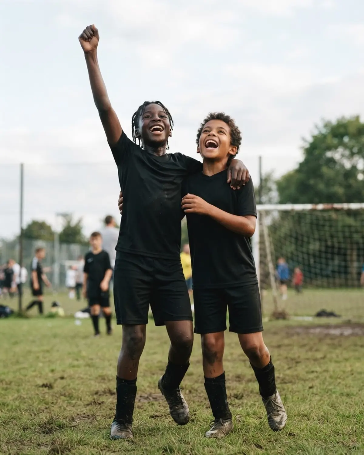 Dos jóvenes deportistas celebran juntos, con el brazo en alto, en la cancha.