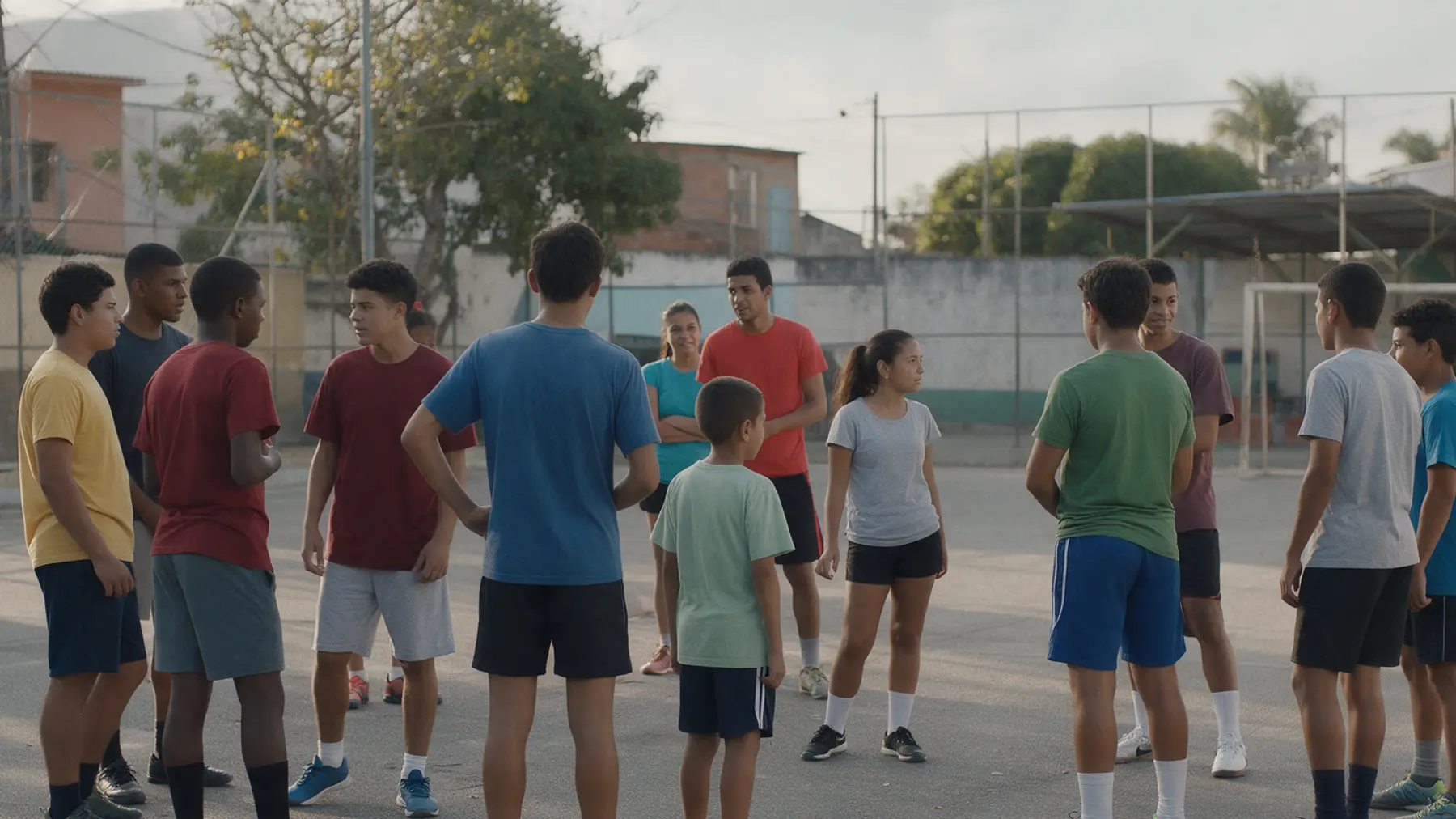 Un grupo diverso de jóvenes y vecinos conversan juntos en una cancha de barrio cercada.