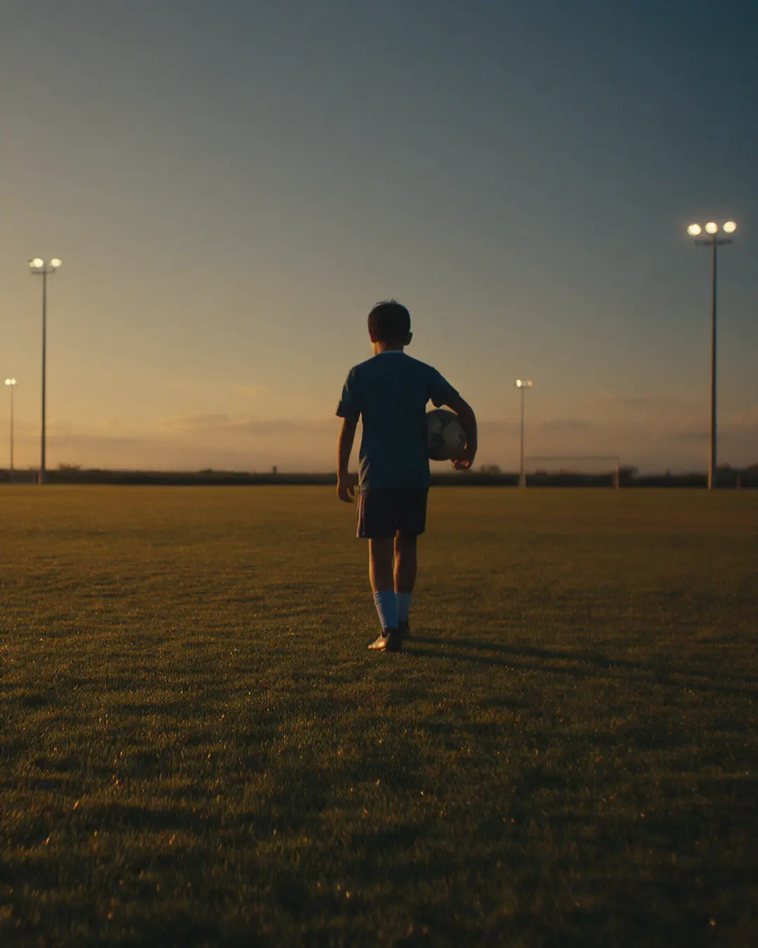 Un joven futbolista camina junto a la cancha, con el balón bajo el brazo, al atardecer.